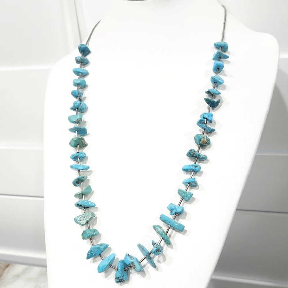 Vintage Southwestern Turquoise Nuggets Sterling Silver Heishi Bead Necklace